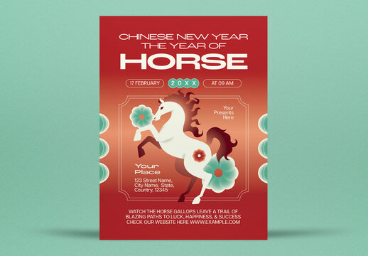 Red And Green Chinese New Year Horse Of Fire Flyer Layout