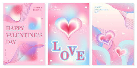 Set of Pastel Gradient Valentine&rsquo;s Day Posters with Heart Shapes, Modern Romantic Vector Templates