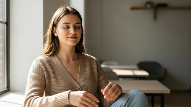 Woman meditating in cozy room by window. Thoughtful pose with clasped hands evolving to serene smile. Relaxation and mindfulness sequence for stress relief and inner peace concept in modern interior