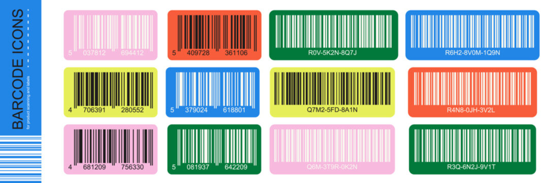 Colorful bar code icon set with rounded rectangle labels. Multicolor barcode stickers with numbers for product scanning and identification.