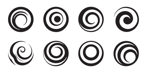 Abstract black spiral swirls isolated on white background graphic elements in circular design style