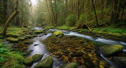 Flowing shallow water rushes over moss covered stones within a dense temperate forest environment