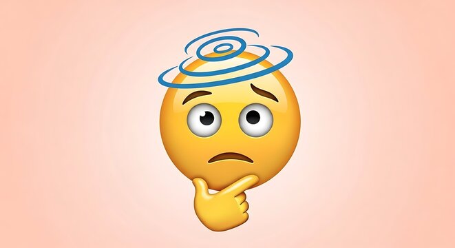 Confused emoji character with a dizzy swirl above its head rests its chin upon its hand thoughtfully.