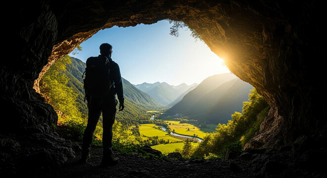 Silhouette of a man standing in a cave entrance looking out at a scenic mountain landscape with a sunny sky.