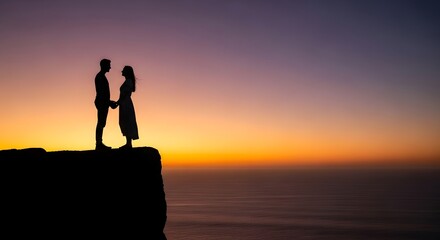 Silhouette of lovers holding hands on a dramatic cliff edge at sunset, taking a romantic leap into their future love concept