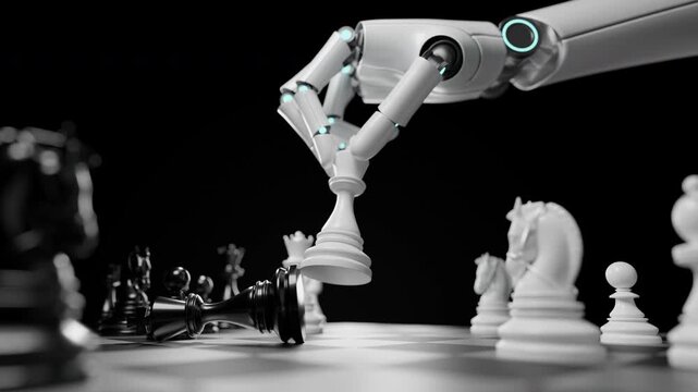 Robotic hand playing chess and making a winning move by knocking down the king. Concept of Artificial Intelligence (AI) outperforming humans in complex strategy, logic, and future technology
