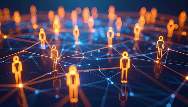 Connected people network with glowing figures and lines.