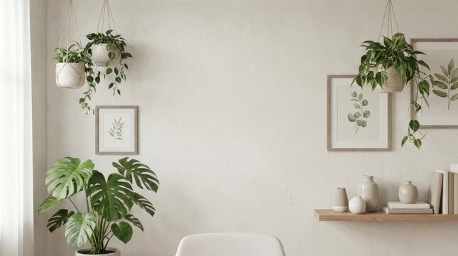 Clean background designed for online meetings with greenery concept. Bright indoor space featuring stylish plants and minimal decor.