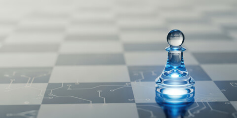 Futuristic board circuit technology planning with digital chess strategy future innovation game concept on glass pawn standing on glowing square for modern vision
