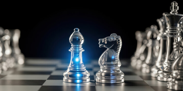 Futuristic board circuit technology planning with digital chess strategy future innovation game tension on glass piece under dramatic light and shadow
