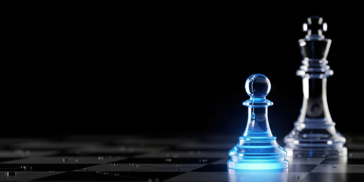 Futuristic board circuit technology planning with digital chess strategy future innovation game where glowing pawn confront king on dark background