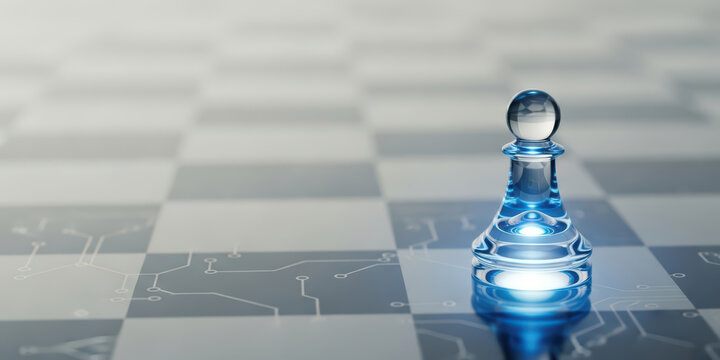 Futuristic board circuit technology planning with digital chess strategy future innovation game concept on glass pawn standing on glowing square for modern vision
