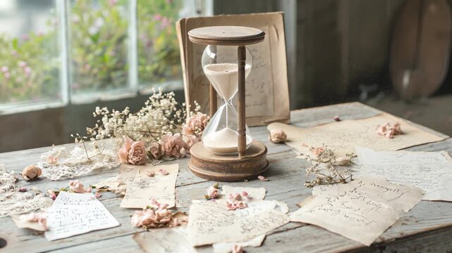 Vintage hourglass old letter dried flower wooden table soft light rustic window background scene