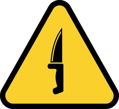 Knife hazard warning sign, sharp object safety symbol, yellow caution triangle vector icon