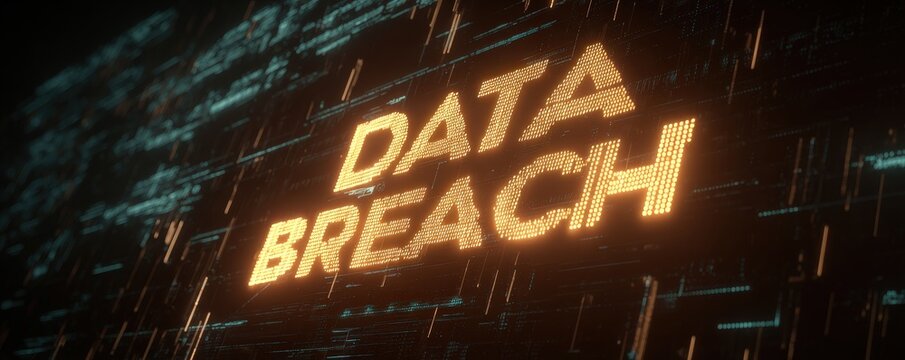 A digital representation highlighting the term "DATA BREACH" in glowing letters against a dark, tech-inspired background, conveying urgency and cybersecurity themes.