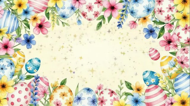 Animated easter floral border assembling with colorful eggs and flowers. Patriotic spring decoration featuring striped eggs and blooming petals in blue white and red theme for holiday design concept