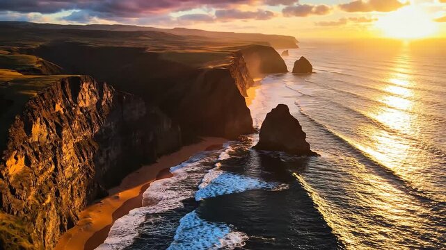 Dramatic aerial view of rugged coastal cliffs and sea stacks at sunset, with waves crashing on a sandy beach and the sun casting golden light.