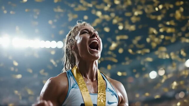 Woman athlete raising arms in victory celebration. Gold medal around neck amid falling confetti. Joyful sports achievement and triumph sequence