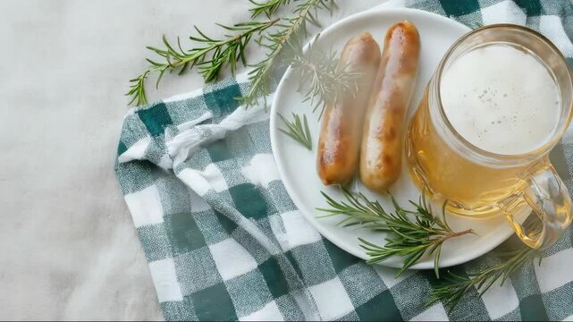 Animated sausages on white plate with foaming beer glass and fresh rosemary sprigs. Flat lay arrangement on checkered cloth rotating gently. Appetizing pub meal concept for food lovers