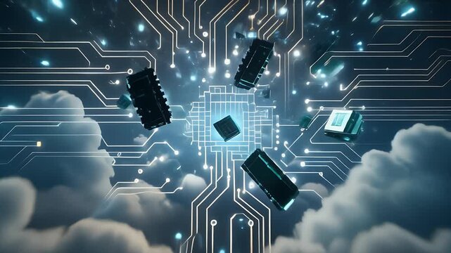 Abstract digital circuit board floats above clouds with glowing particles in a futuristic blue sky