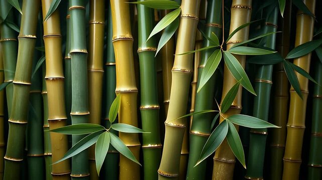 Close Up Of Bamboo Forest With Varying Shades Of Green And Yellow Stalks And Lush Leaves