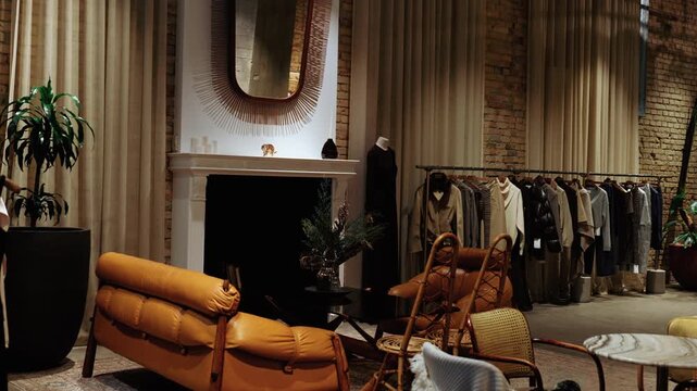Elegant boutique interior featuring designer clothing, warm lighting, and a cozy lounge area. Premium retail space with modern decor, neutral tones, and refined atmosphere.
