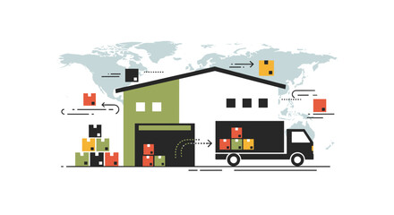 Obraz premium Global supply chain management concept illustration showcasing warehouse, loading truck, and various packages for efficient delivery services with a world map background