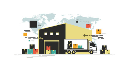 Fototapeta premium Efficient Global Logistics and Supply Chain Operations Modern Warehouse Management with Delivery Truck for Worldwide Package Distribution