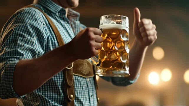 Man in traditional suspenders raising beer stein to toast. Animated sequence of joyful cheers with foam-topped mug in festive hall. Bavarian celebration drinking animation