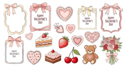 A collection of Valentine's Day themed stickers and illustrations