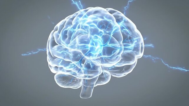 Animated transparent brain glowing with blue energy. Neural activation building to electric sparks. Digital visualization of brain function and cognitive process