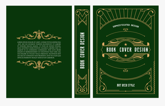 Classic vintage book cover and spine with gold and black art deco, art nouveau ornament, decorative frame, elegant retro style for classic publications, posters, artistic layouts