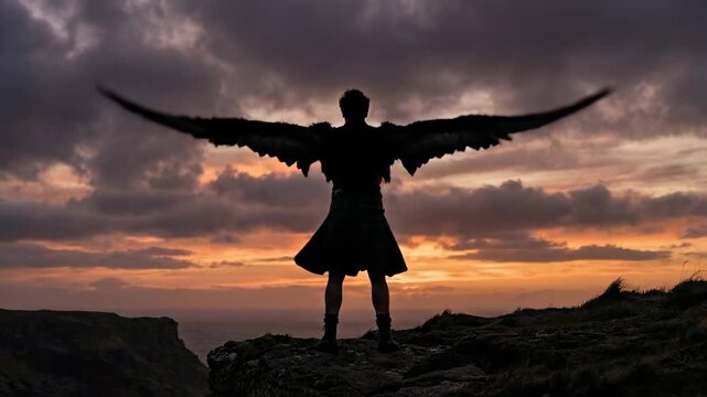 Silhouette of winged man taking flight from rocky cliff at sunset. Angelic figure spreading wings in dynamic motion sequence. Fantasy freedom and adventure concept