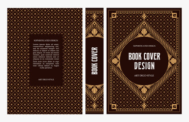 Naklejka premium Classic vintage book cover and spine with gold and black art deco, art nouveau ornament, decorative frame, elegant retro style for classic publications, posters, artistic layouts
