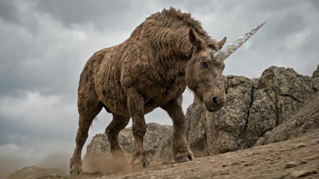 Shaggy brown unicorn gallops across rugged rocky terrain under stormy sky. Mythical creature charges forward in animated motion sequence capturing stand run and leap