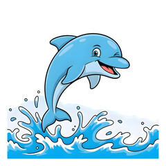 Cheerful Cartoon Dolphin Leaping Out of Blue Water with Splashing Waves sea animal marine life