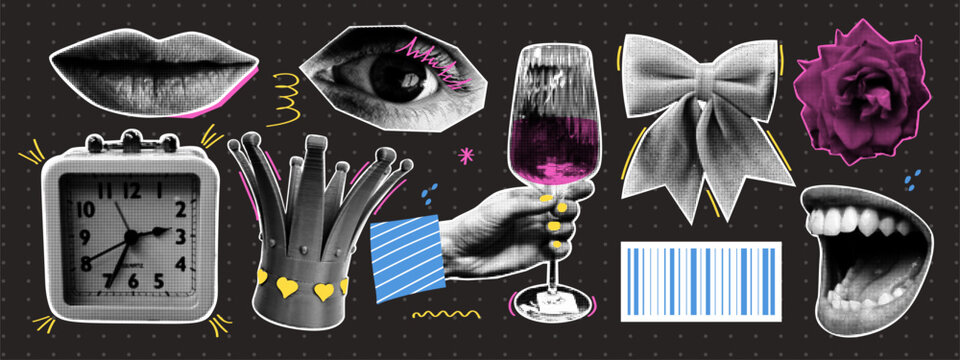 Y2k punk collage collection. Grunge halftone vintage elements clock, crown and rose in pop art style.