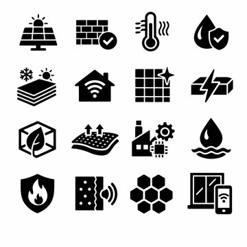 Energy efficiency and smart home icon set: solar panels, insulation, temperature control, water conservation