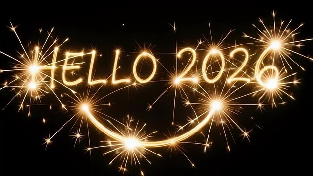 Golden sparklers celebrate Hello 2026 with smiley face