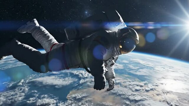Astronaut floats peacefully in outer space with Earth below and sun shining brightly.