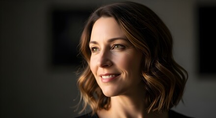 Obraz premium Beautiful middle-aged woman with a gentle smile, looking thoughtfully into the light with soft, warm illumination