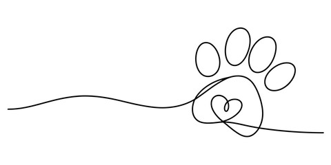 A continuous line art drawing of a pet paw print with a heart inside the pad, symbolizing animal love Vector, illustration