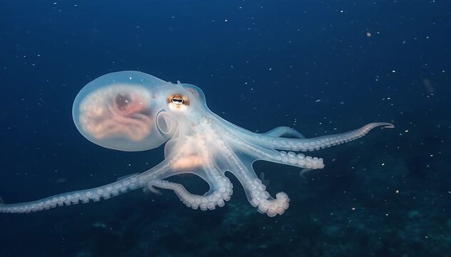Juvenile deep water pelagic octopus (Vitreledonella richardi) semi-translucent species, from Atlantic Ocean