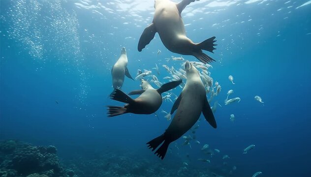 Sea lions (Zalophus californianus) hunting a shoal of squids (Loligo formosana)