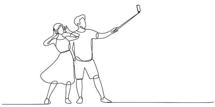 Continuous line art drawing of a young couple taking a selfie with a selfie stick Vector, illustration