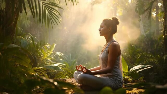 A young girl meditates with her hands in a mudra on the porch of a house at dawn. Meditation, Retreat