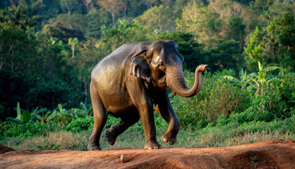 Obraz premium Elephant walking on a dirt path in a lush green forest.