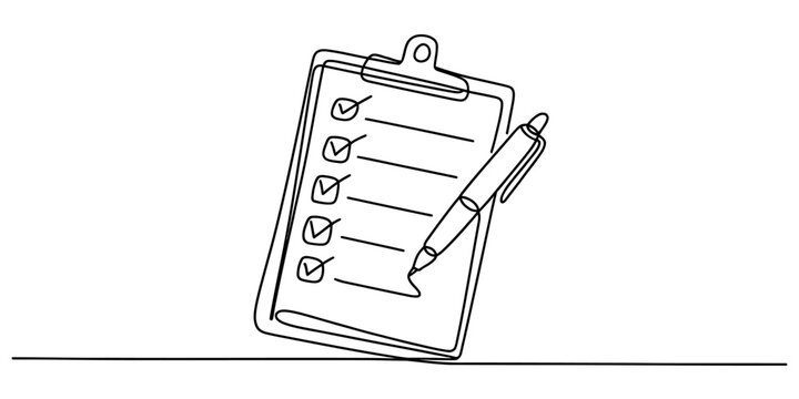 Continuous single line drawing of clipboard with checklist and pen completing tasks Vector, illustration