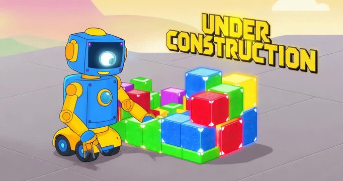 Cute robot building colorful blocks in a fun construction scene