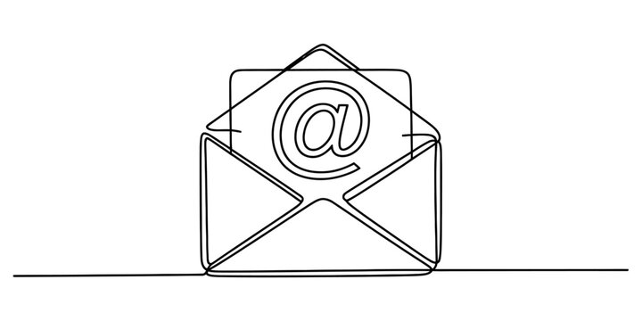 Continuous line drawing of an open envelope with an @ symbol inside representing email communication Vector, illustration